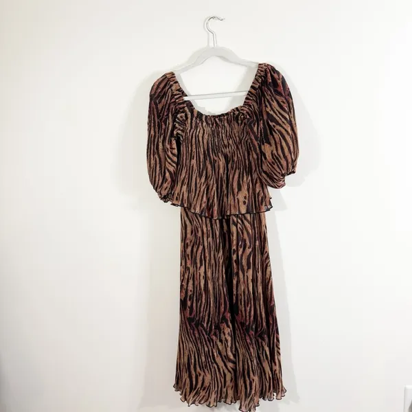 Ganni Layered Tiger-Print Plissé-Georgette Midi Dress Tiered Size 2 - Image 3