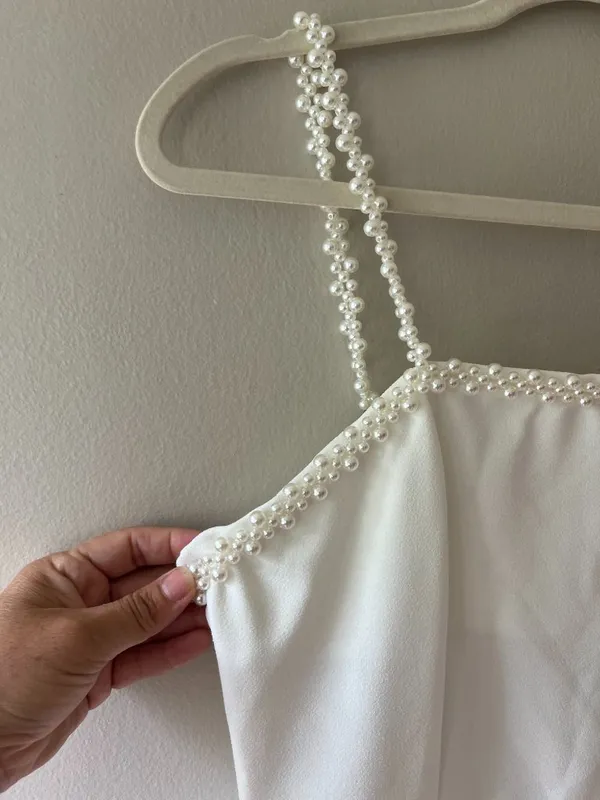 White Mini Dress Sz S - M Bandeau neckline decorated with faux pearls straps - Image 6
