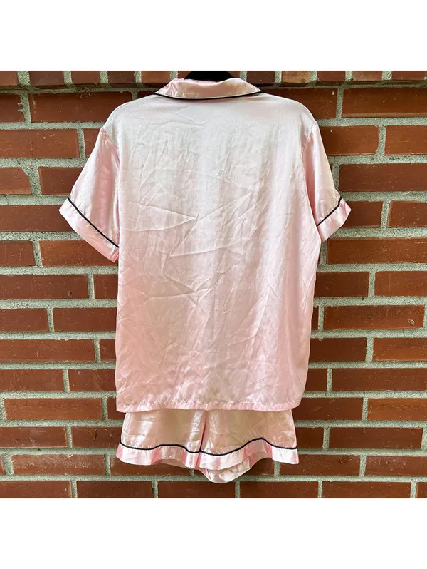 Pink Satin Pajama Set with Black Piping - Short Sleeve Top and Shorts - Image 4
