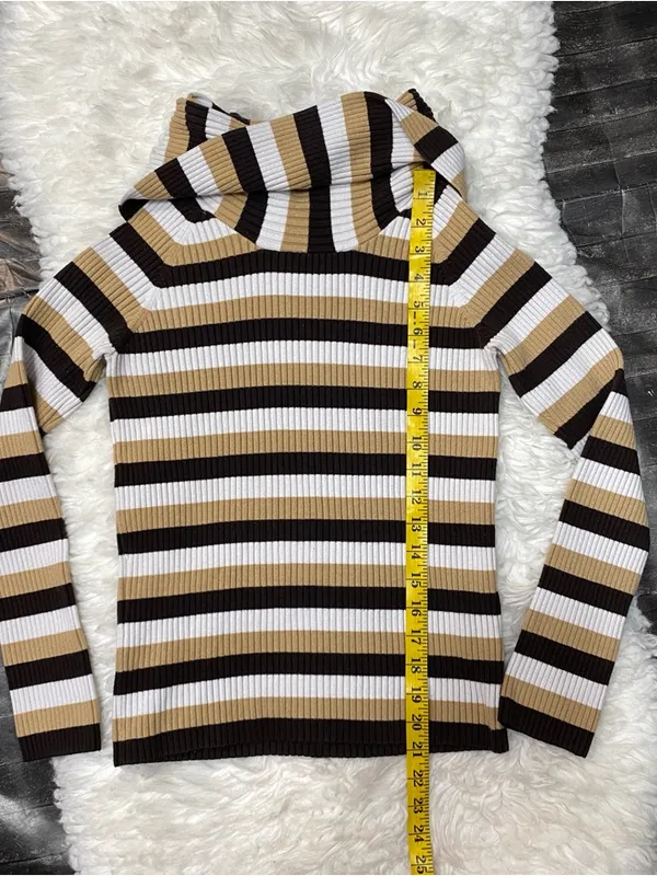 J Crew Brown Tan Striped Fold Over Turtleneck Ribbed Sweater Alt Y2k Fall Chic - Image 4