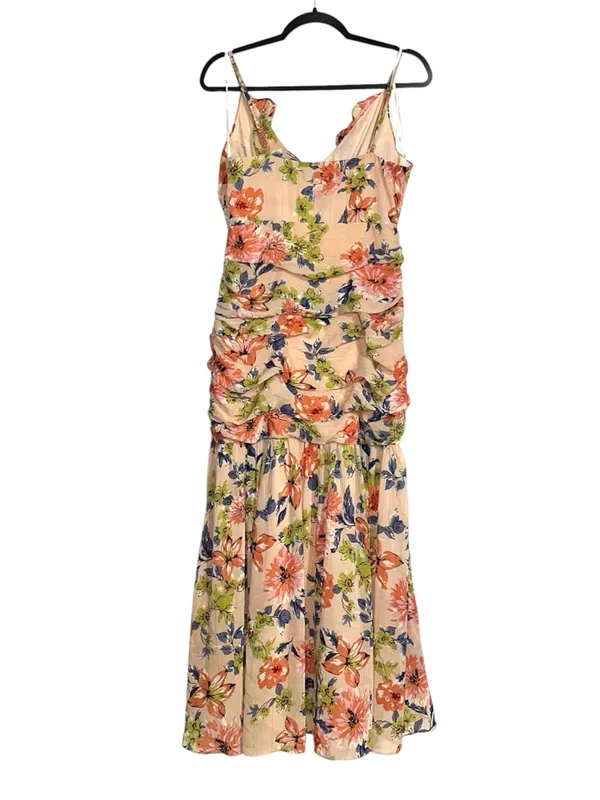 Lulu's Stunning Soiree Blush Pink Floral Chiffon Ruched Midi Dress MEDIUM - Image 5
