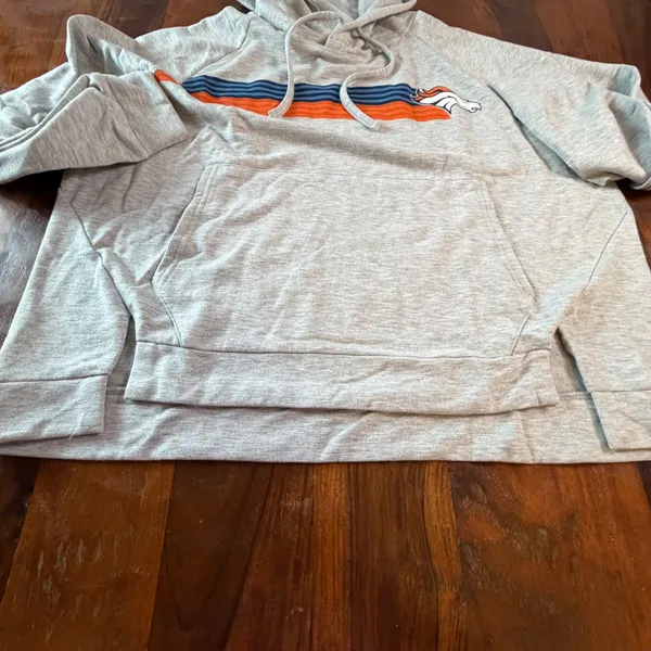 NFL Team Apparel Denver Broncos Womens Heather Gray Striped Pullover Hoodie L - Image 6