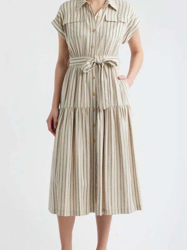 NWT Zoe and Claire Button-Front Maxi Dress with Waist Tie - Neutral Stripe XS - Image 2