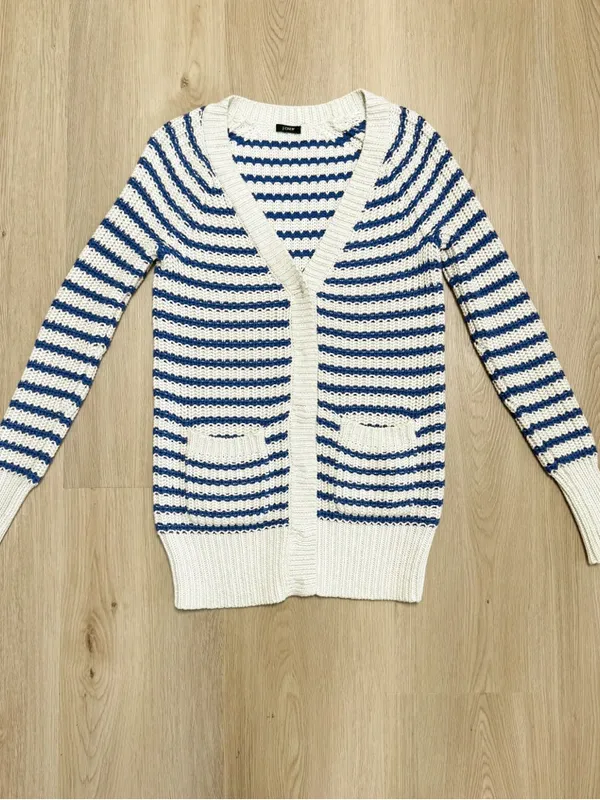 J Crew Cream Blue Purple Stripe Deep V Neck Snap Button Longer Sweater Cardigan - Image 6