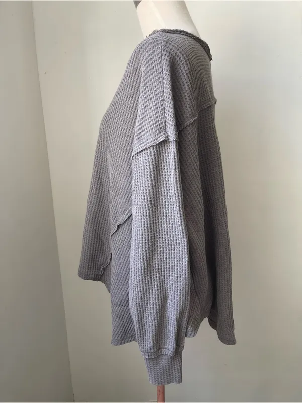 Pink Rose Gray Waffle V-Neck Pullover Sweatshirt - Image 2