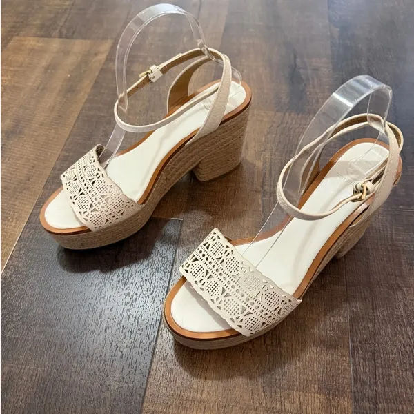Tory Burch Espadrille Block Heel Sandals Ivory Leather Ankle Strap Size 9.5 - Image 3