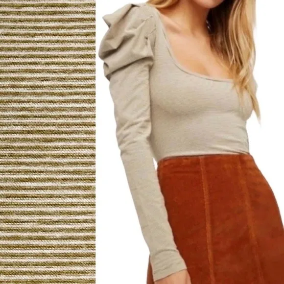 Free People Penelope Tan Striped Knit Top Long Ruched Puff Sleeves Size Medium - Image 13