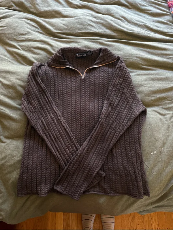 Women's Brown Cable Zip Sweater - Image 2