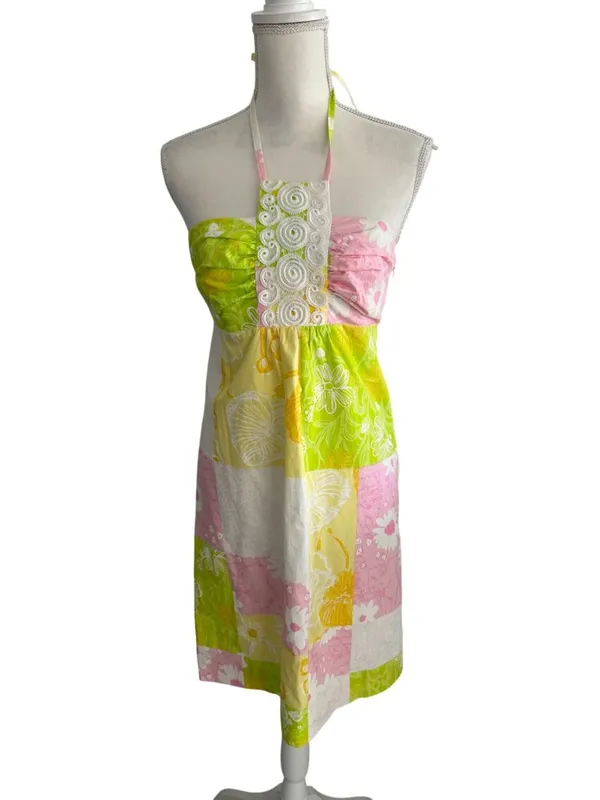 LILLY PULITZER Daphne Lace Patchwork Halter Dress Size 4 - Image 9