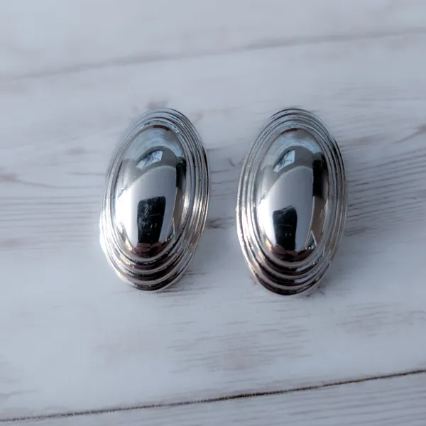 Vintage Clip On Earrings Elegant Stylish Silver Tone Oval Statement Large 1.25" - Image 2