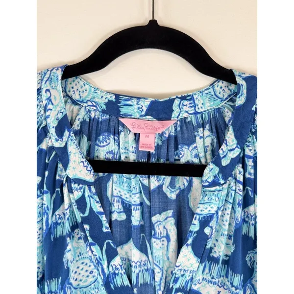 Lilly Pulitzer Womens Top Blue Martinique Elephant V Neck Blouse Casual Medium - Image 4