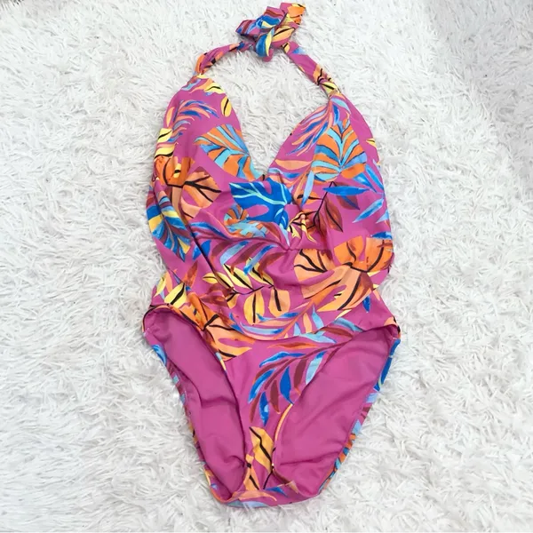 Macy’s Bar III Paradise In The Palms Cowl Neck One-Piece Swimsuit Pink‎ Medium - Image 3
