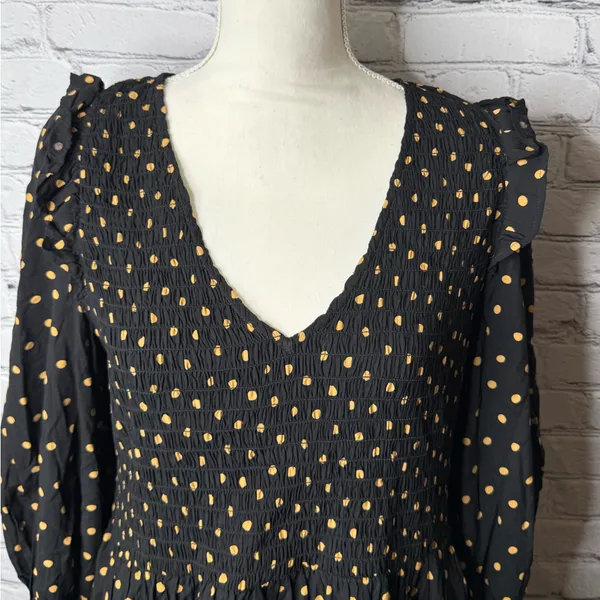 Madewell lucie smocked v neck mini dress Black Dress with Gold Dots size medium - Image 9