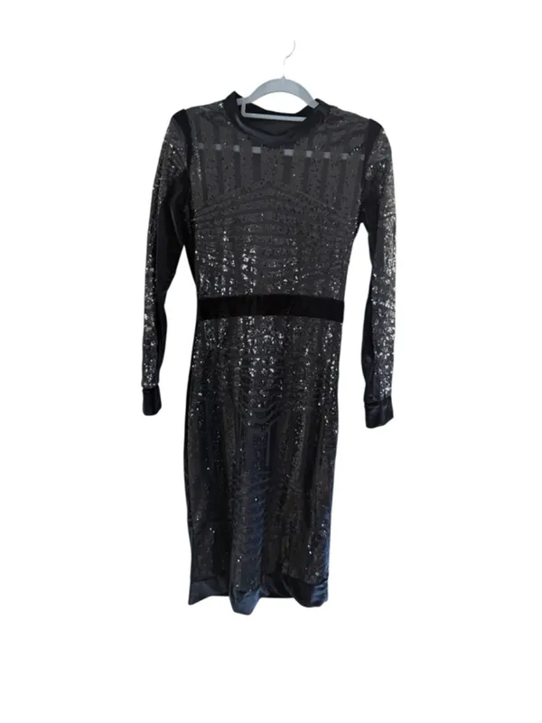 Black Velvet Midi Dress with Sheer Sparkle Sleeves - Image 4