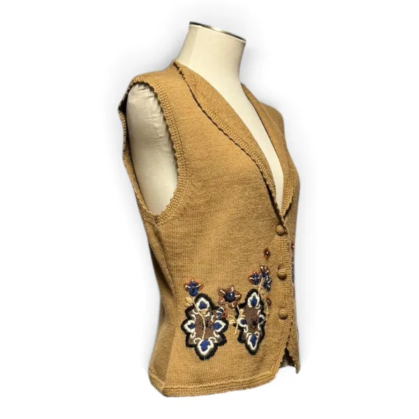 Koret Lambswool Angora Rabbit Sweater Vest Vintage Brown Tan Blue Flower Large - Image 5