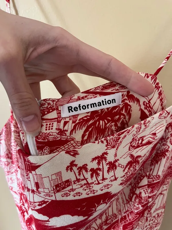 Reformation Sarah Red & Cream Los Angeles LA Printed Spaghetti-Strap Mini Dress - Image 9