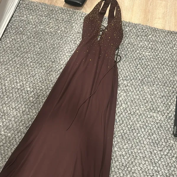 Cum Cum by Niki Livas Brown Satin Beaded Maxi Party Dress - Image 4