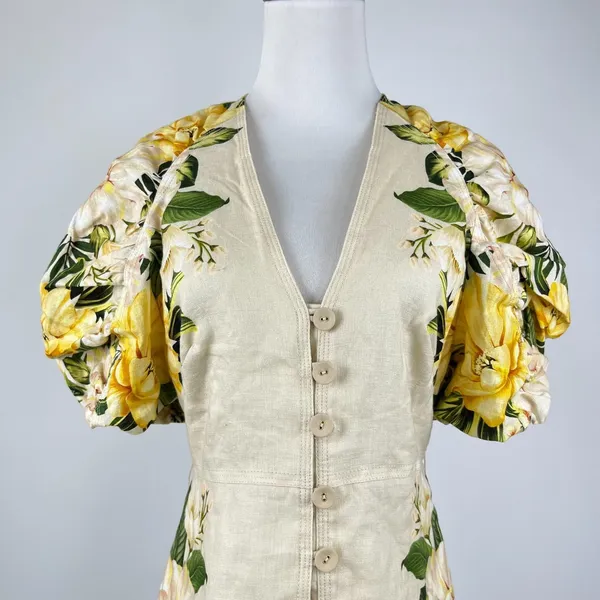 NWOT Farm Rio Linen Sand Garden Cascade Puff Sleeves Mini Dress Size L - Image 4