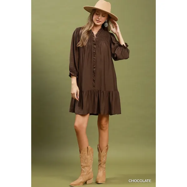 Umgee Smocked Ruffle Detail Tiered Mini Dress - Chocolate - Small - Image 4