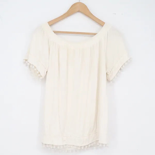 Wishlist Top Womens L Boho Off The Shoulder Cream Pom Pom Trim Excellent - Image 4