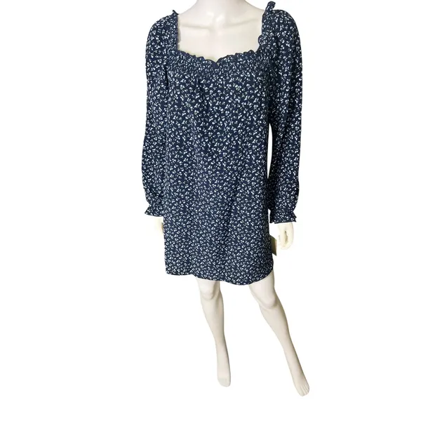 Bebop Womens Large Navy Floral Smocked Mini Dress Long Sleeve Cottagecore Ditsy - Image 6
