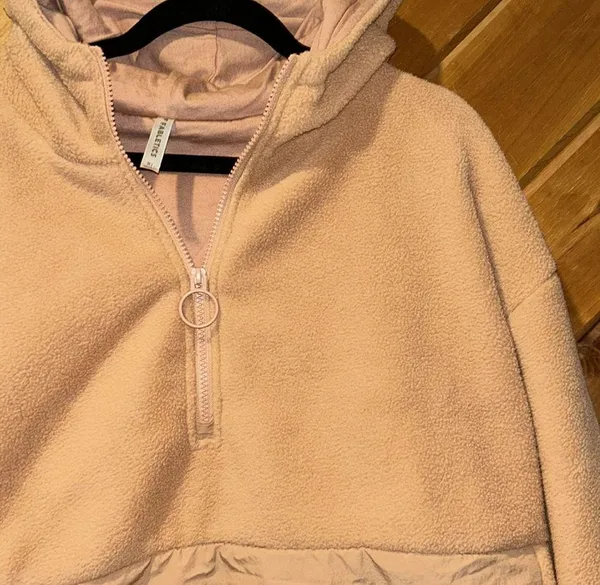 Fabletics Lotta Sherpa Half Zip Hooded Sweatshirt Jacket in peach tan - Image 7