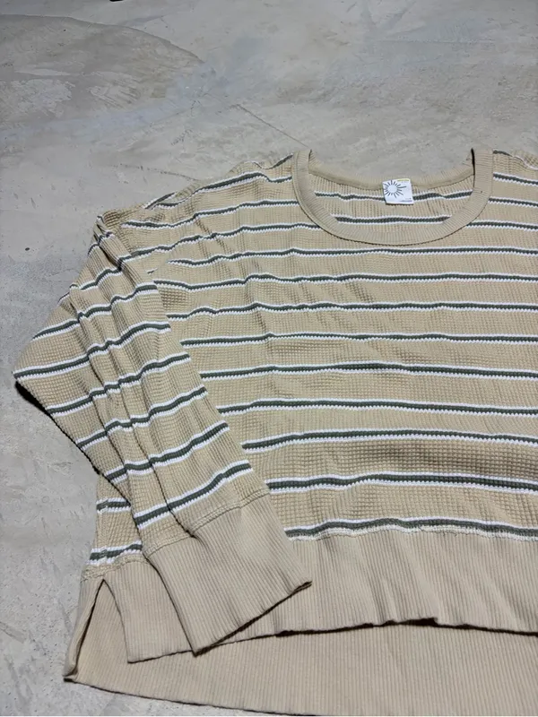 aerie Beige Striped Long Sleeve waffle knit Top large - Image 2