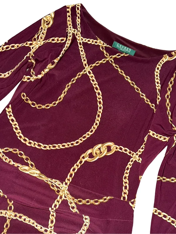 Lauren Ralph Lauren Women’s Size 6 Burgundy Gold Chain Link Print Sheath Dress - Image 4