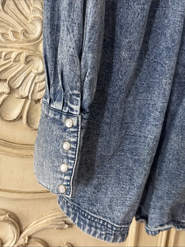 Free People Ruffle Collar Denim Swing Blouse - Lightest Indigo Blue SZ Amall - Image 12