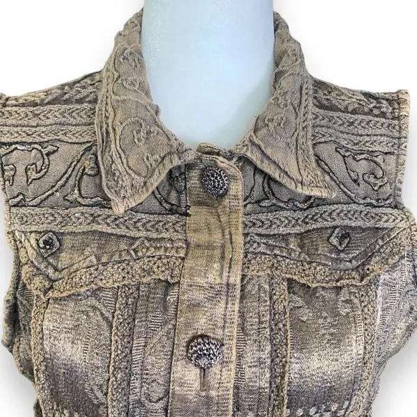 Vintage Flashback‎ Vest Metallic Brown Floral Detail Lace Embroidered High Neck - Image 6