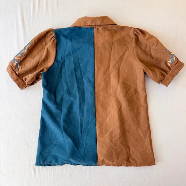 Embroidered Western Blouse Small Brown Teal Puff Sleeve Boho Cowgirl Shirt - Image 3
