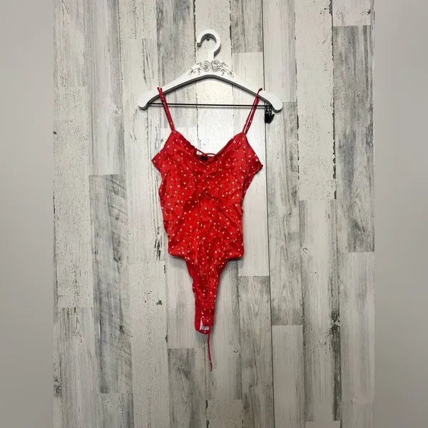 Zara Red Star Print Lace-Up Bodysuit Size XS NWT - Image 4