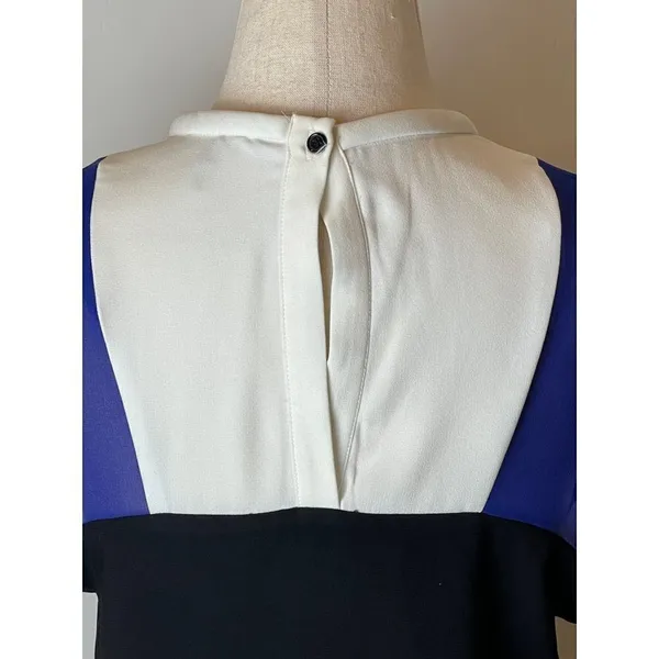 Maje Blue White And Black Colorblock Silk Detail‎ Crew Neck Mini Shift Dress S - Image 6