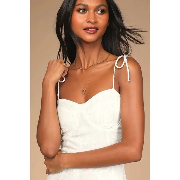 Lulus Loveliest Looks White Floral Jacquard Tie-Strap Midi Dress Medium Bridal - Image 3