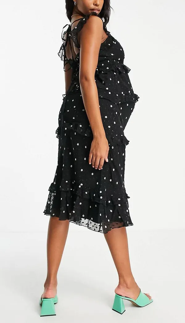 ASOS Design Maternity Black Tiered Midi Dress w/ Ruffle Detail & Ruched Bodice - Image 3