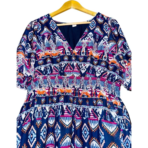 Old Navy A-Line Southwestern Midi Dress Tiered Womens Sz L Bubble Sleeve Smocked - Image 4