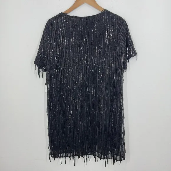 Zara Black Sequin Fringe Flapper 20s‎ Short Sleeve V Neck Mini Dress Party - Image 3