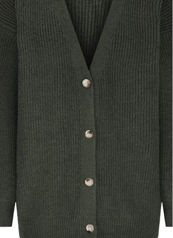 MEROKEETY Olive Green Ribbed V-Neck Cardigan Sweater - Image 2