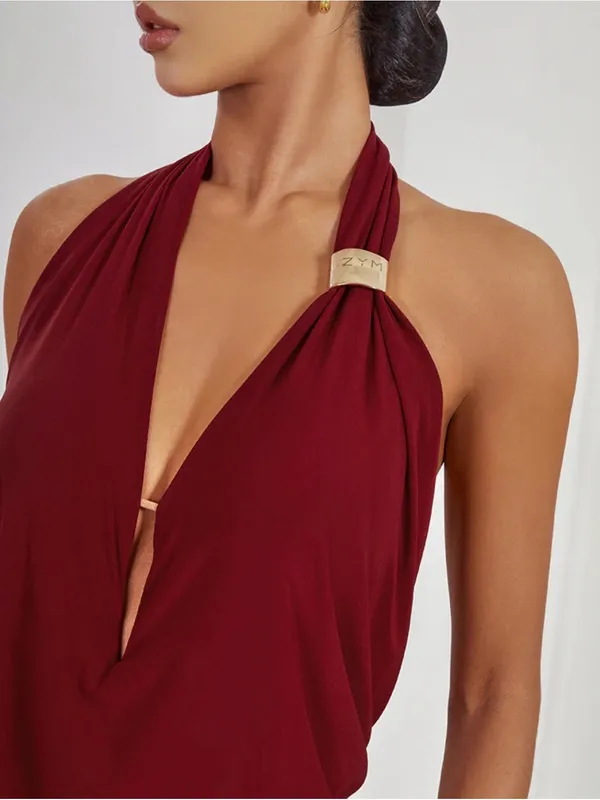Asymmetrical Halter Deep Burgundy Cocktail Dress - Image 3