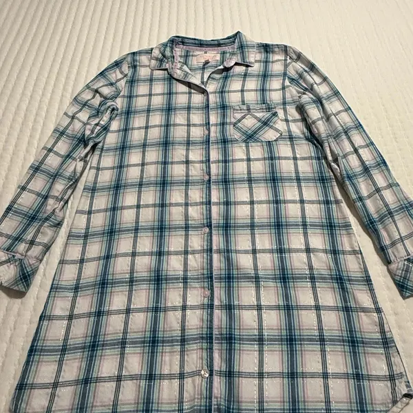Victoria’s Secret Sz S Small Blue Pink White Plaid Flannel Pajama Night Shirt - Image 11