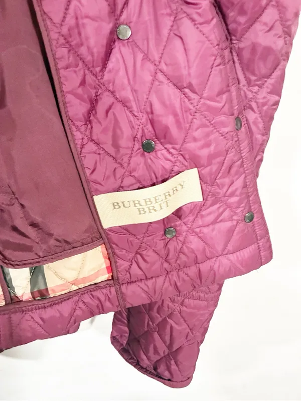 Burberry Brit Puffer Jacket Magenta Quilted Argyle Diamond Nova Check Medium - Image 7
