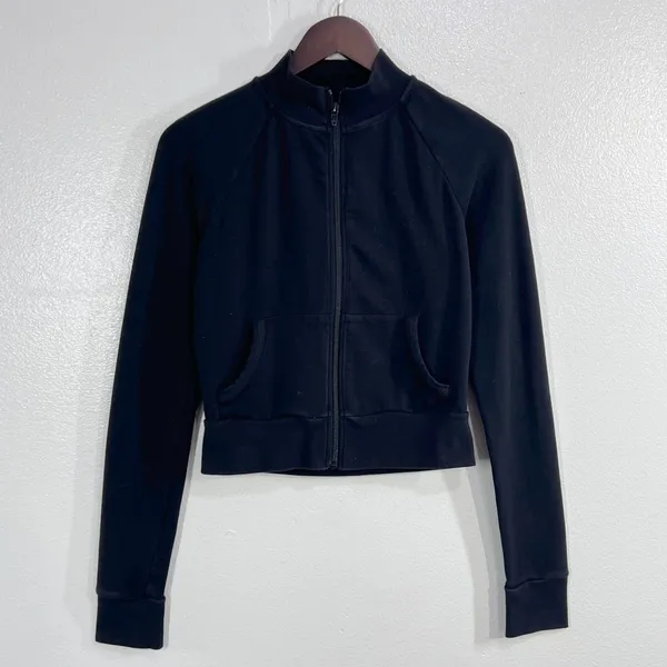 SKIMS Outdoor Fleece Mock Neck Full Zip Crop Pullover Small Black Neck Raglan - Image 3
