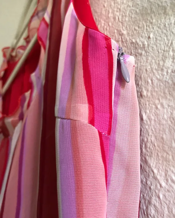 Pink red multicolor colorful sleeveless dress with drawstring waist diagonal stripes print with invisible zipper - Image 3