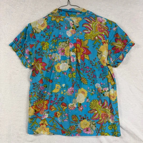 Floral‎ M Blue Print 100% Cotton Pajama Top Short Sleeve Pearl Button India Boho - Image 5