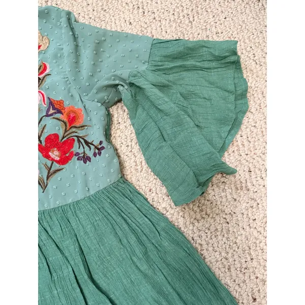 Umgee Embroidered Boho Mini Dress Sage Green Bell Sleeve Babydoll S - Image 9