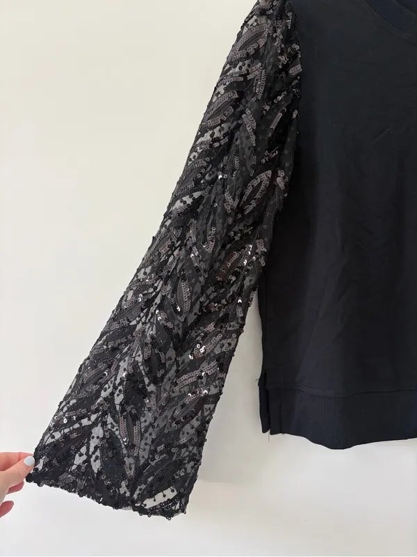 Anthropologie Maeve Black Tasha Lace Sequin Wide Sleeved Crewneck Sweatshirt S - Image 3