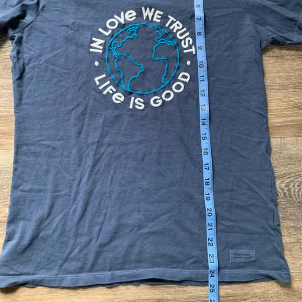 Life is Good Blue Crusher Tee with Embroidered Earth Design - Image 4