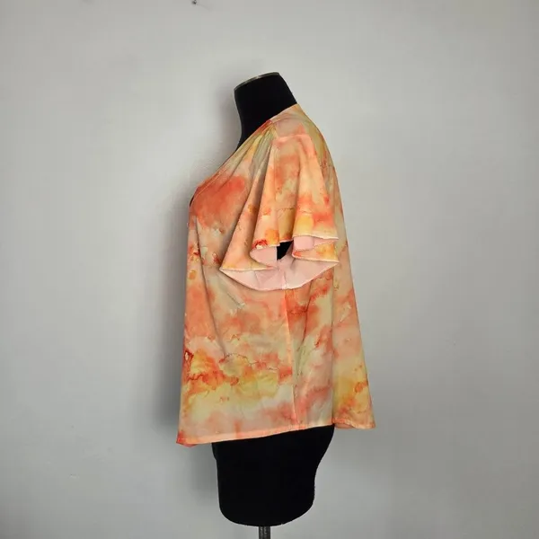 Orange Tie Dye Blouse Top Flutter Sleeves Feminine Fun Summer Hippie Gypsy Large - Image 3