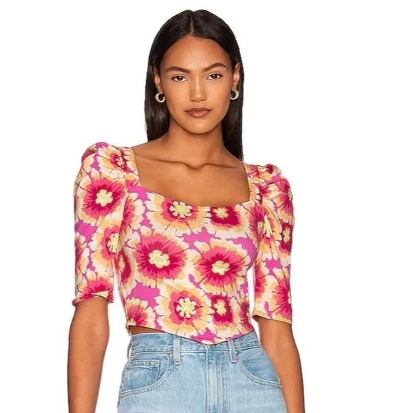 FREE PEOPLE Give Me‎ More Floral Crop Top Puff Sleeve Crisscross Back Small - Image 15