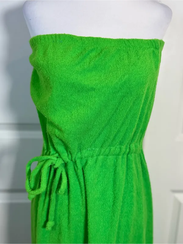 Vintage Chantel Terry Cloth Maxi Dress M Lime Green Strapless Pool Cover Up Slit - Image 3